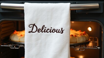 Elegant Delicious embroidered kitchen towel on oven door