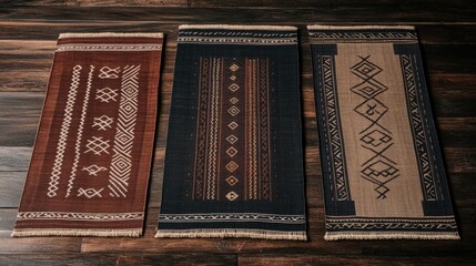Fototapeta premium Ethnic Geometric Rugs on Wooden Floor Brown Black Beige Pattern Woven Textile