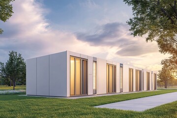 Obraz premium A white building with a lot of windows and a green grassy area in front of it