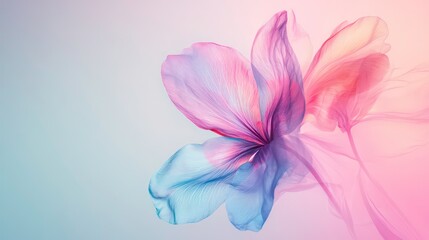 Fototapeta premium A delicate, abstract flower with translucent petals in shades of pink, blue, and yellow on a soft, gradient background.