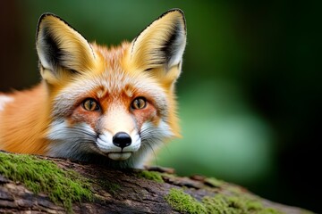 Fototapeta premium A fox peeking out from behind a moss-covered log, blending seamlessly into the magical landscape of the deep European forest