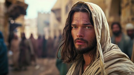 Jesus in a modern city blending biblical times with contemporary settings