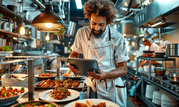 In a lively restaurant kitchen, a talented chef expertly organizes culinary masterpieces while monitoring orders on a tablet, showcasing skill and passion