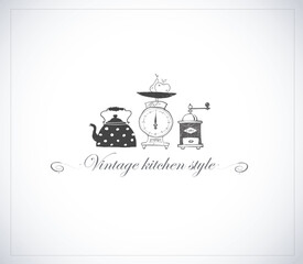 Kitchen illustration featuring a teapot, weighing scale, and coffee grinder in a minimalist black and white style