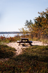 Picnic table on Lake Superior beach in autumn