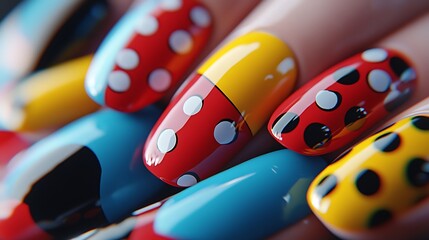 A close-up shot of nails with a Pop Art design, featuring vibrant colors like red, yellow, and...