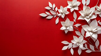 Carve of white paper flower and leaves on red fabric background, position with copy space.
