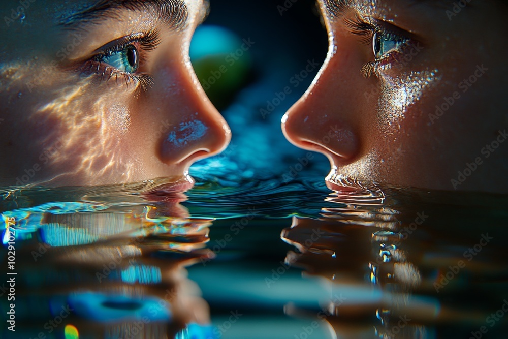 Poster a hyper-realistic depiction of a person gazing at their reflection in water, with every ripple and d