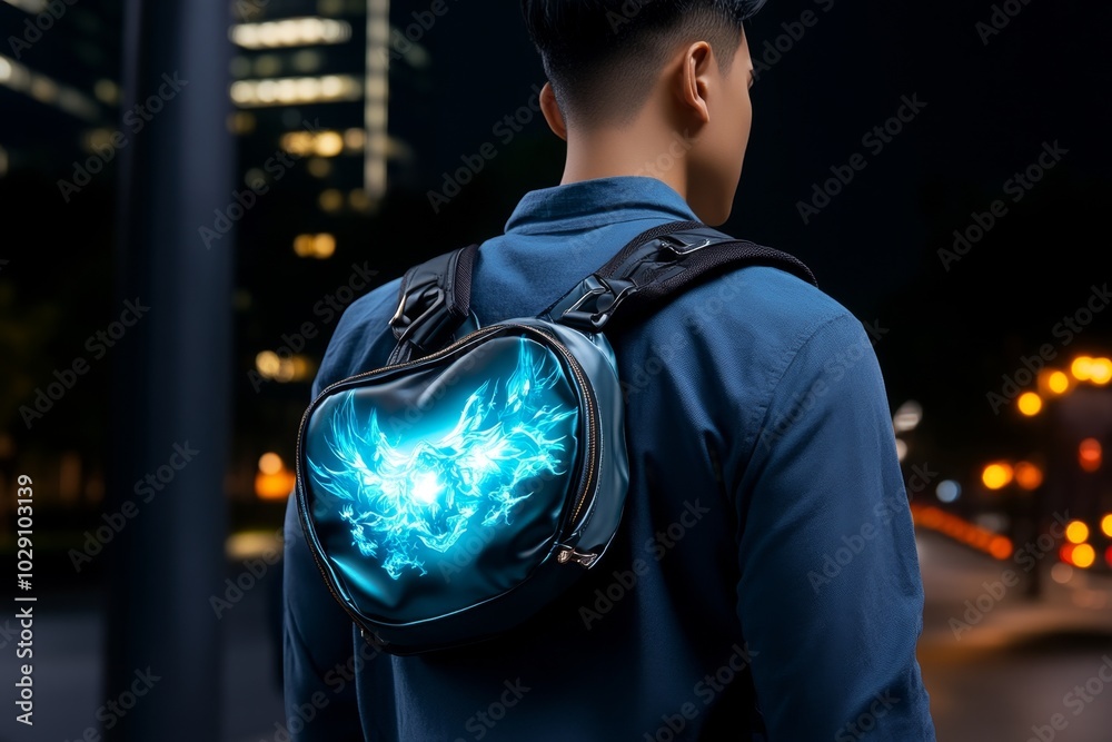 Poster A magical fanny pack that expands into a full-size adventure bag, glowing with ethereal light as it transforms, perfect for a fantasy adventurer setting out on an epic journey