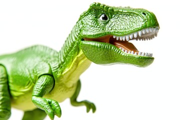 Fototapeta premium A vibrant green dinosaur toy, resembling a T-Rex, showcasing detailed texture and a playful expression.