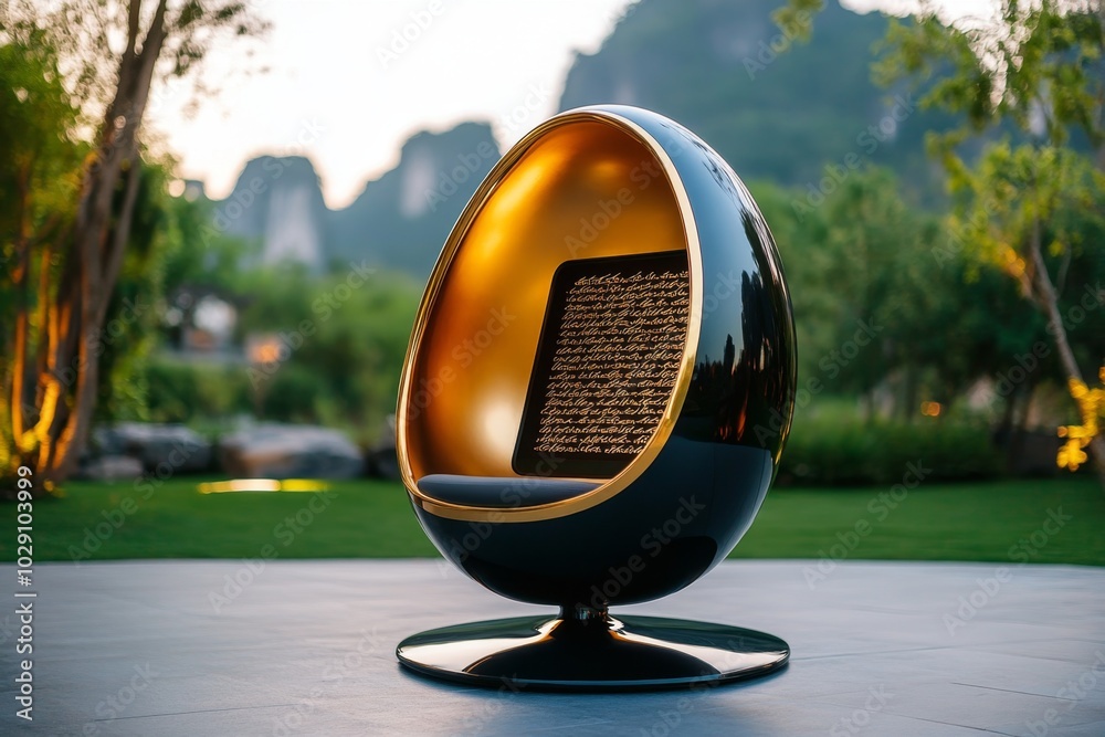 Poster a meditation pod in a futuristic landscape, where digital screens display ancient eastern poetry and