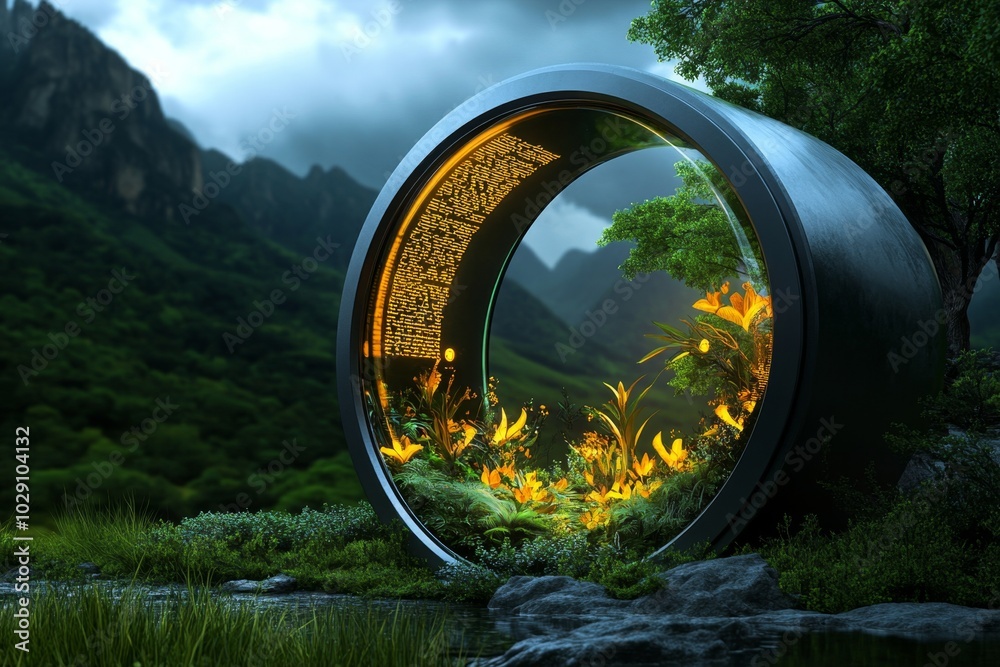 Poster a meditation pod in a futuristic landscape, where digital screens display ancient eastern poetry and