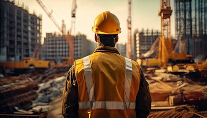 A construction worker, seen from behind, stands on a building site in front of a construction site