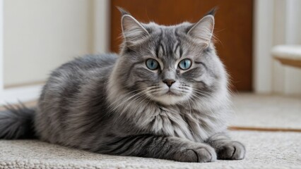 Blue siberian cat laying on the floor indoor