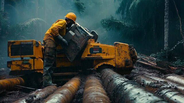A worker in a yellow uniform operates heavy machinery in a muddy forest environment, processing large logs in a remote and industrial logging operation under misty and challenging conditions.