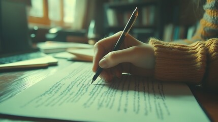 Close-up of a hand adding handwritten notes in the margins of a research paper, the ink clear and sharp, natural light reflecting on the paper, a clean and academic workspace. --ar 16:9