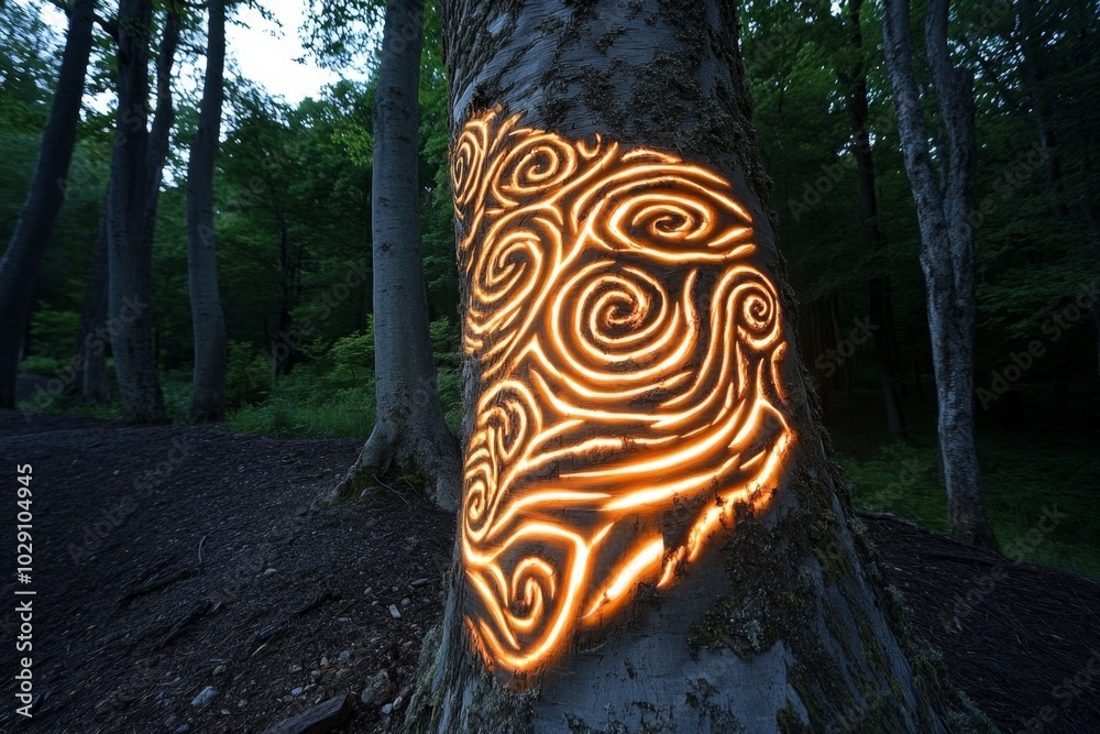 Poster a mystical forest with ancient trees, where the bark is alive with swirling patterns of light, and t