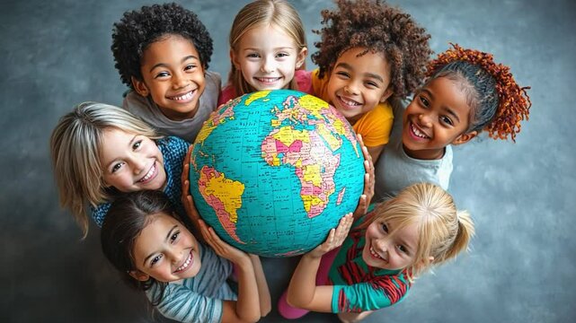 Group of happy diverse children holding a globe together, representing global unity and environmental awareness