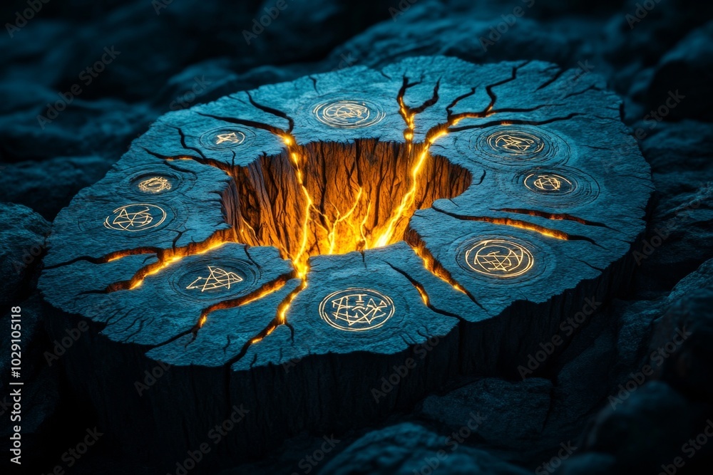 Poster A mystical tree with glowing bark, where the deep cracks are filled with a soft, ethereal light, and the tree itself holds magical symbols carved into its ancient surface