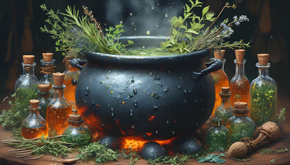 A bubbling cauldron of potion surrounded by glass bottles of herbs and glowing embers