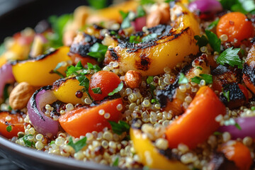 Vibrant quinoa salad with grilled vegetables, including yellow peppers, cherry tomatoes, and fresh herbs, served in a stylish bowl.