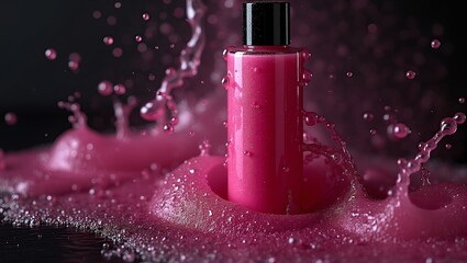 Vibrant fuchsia hair conditioner with dewy finish on black and silver background