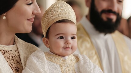 A joyous moment showcasing a baby in traditional attire at a family celebration.
