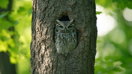 A screech owl peers out of a tree cavity with a blurred green background.