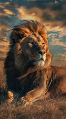 Naklejka premium Majestic lion resting in the savannah, 4K hyperrealistic photo