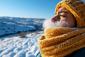 A person wrapped in a thick scarf and coat, standing in front of a snow-covered landscape, their breath forming clouds in the cold winter air