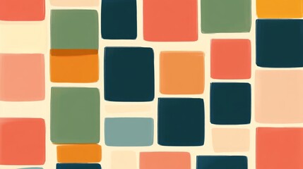 Flat illustration of soft-edged squares. with uniform colors in coral orange, mustard yellow, deep blue, and green, arranged in an organic, minimal style without texture.