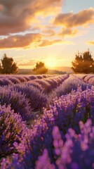 Fototapeta premium Serene lavender fields under a golden sunset, 4K hyperrealistic photo.