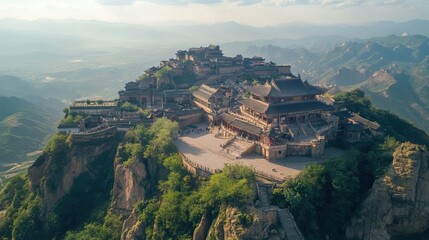 Fototapeta premium Aerial View of a Chinese Temple Complex on a Mountaintop