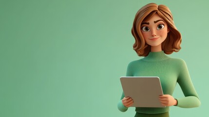 3D character close up portrait of a cheerful white woman in a green sweater, holding a laptop with a focused expression, on a mint green gradient backdrop, copy space, cartoon style,