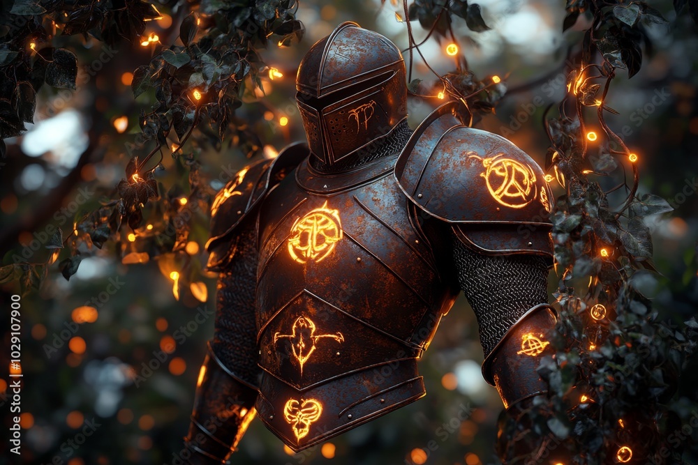 Poster a rusted metal armor set hanging in a mystical forest, overgrown with glowing vines and magical symb