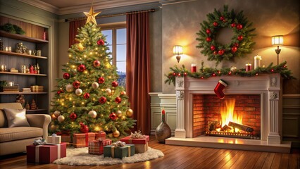 Inviting holiday atmosphere with a Christmas tree and fireplace, providing generous copy space for personalization.