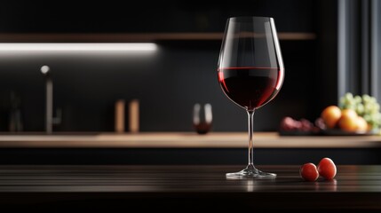 Glass of red wine on wooden table, modern kitchen background 