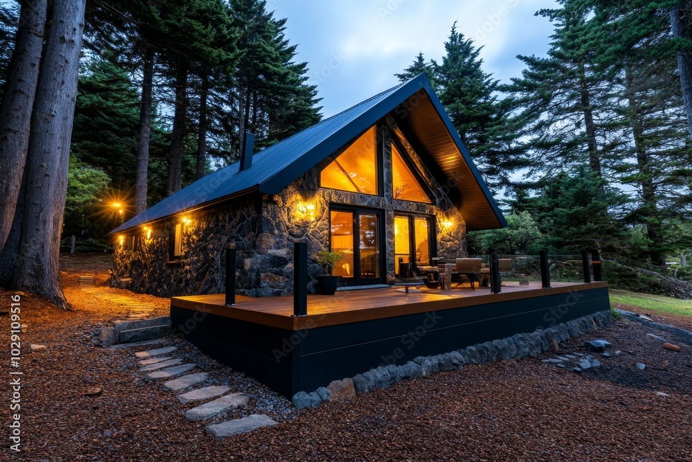 Aufkleber a small stone cottage nestled in a clearing, surrounded by towering pines and oaks, with the soft li
