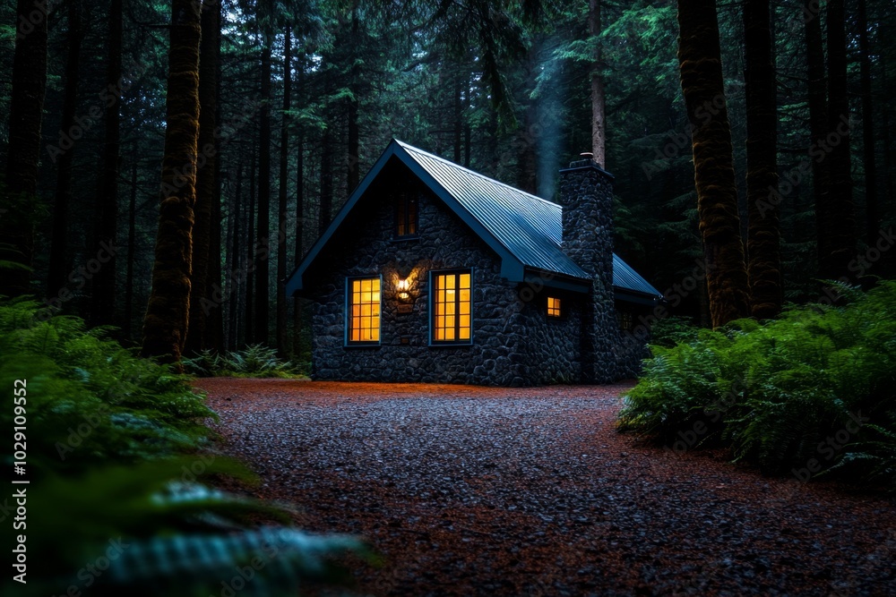 Aufkleber a small stone cottage nestled in a clearing, surrounded by towering pines and oaks, with the soft li