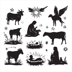 set of vector christmas nativity scene silhouette