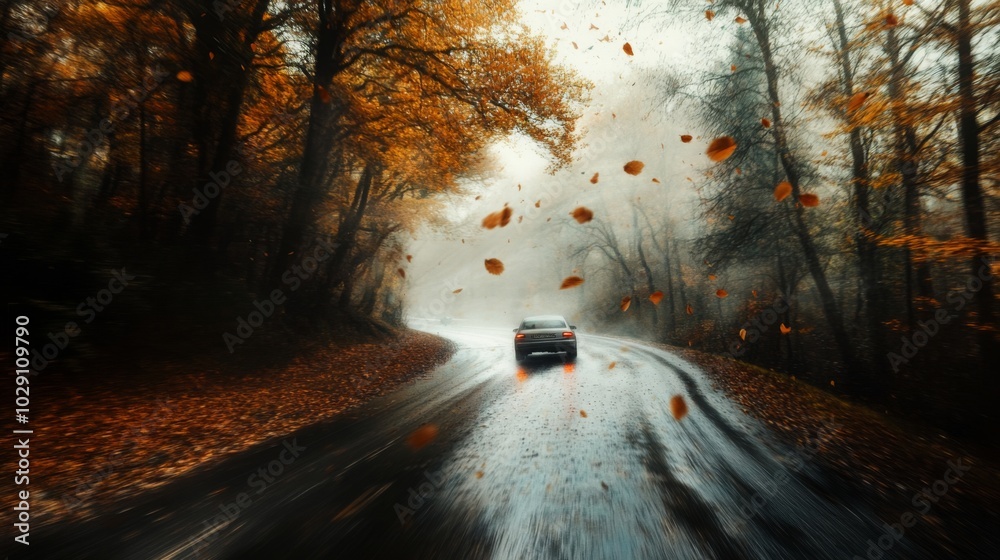 Poster a solitary car navigates a winding road lined with vibrant autumn leaves, while gentle rain falls an