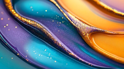 Obraz premium Abstract nail art with swirling lines of gold, teal, and purple, highlighted by random splashes of glitter, close-up view showcasing the smooth glossy surface and vibrant interplay of colors,
