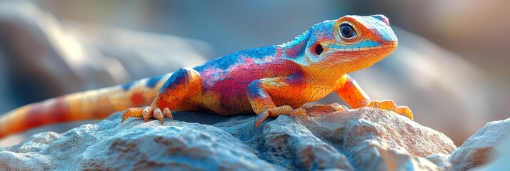 Obraz premium Geometric Lizard on Rock, a low poly design showcasing intricate textures and a vibrant crawl across a rugged surface