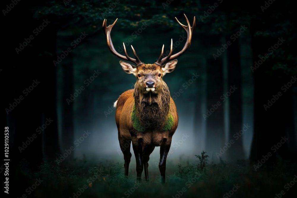 Poster a stag standing in the middle of a misty forest clearing, its antlers covered in moss and its gaze p