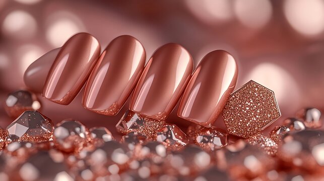 Close-up of matte-finished nails in a muted terracotta color, shiny rose gold geometric accents forming hexagonal and line patterns, glossy highlights contrasting with the matte texture,
