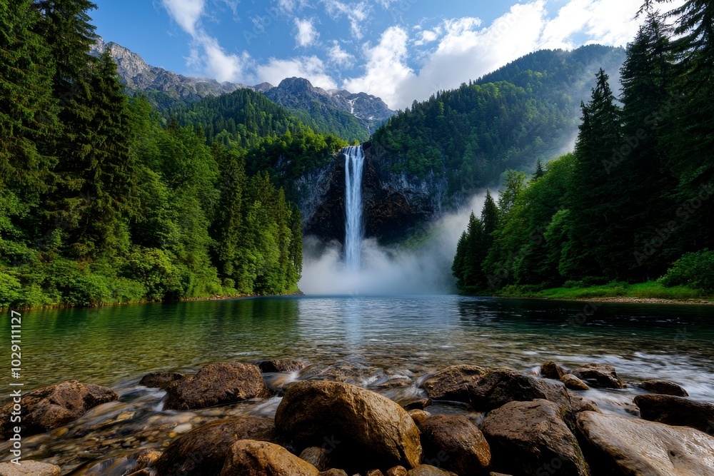 Poster a towering waterfall hidden deep within a magical forest, with mist rising from the cascading water 