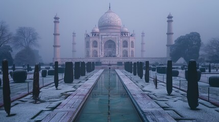 Obraz premium The Taj Mahal in Fog with Snow-Covered Grounds