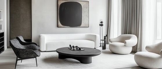 Monochromatic living room space with white and gray tones, featuring modern furniture and subtle decor accents