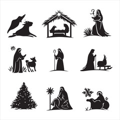 set of vector christmas nativity scene silhouette