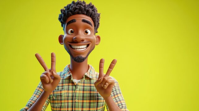 3D character close up portrait of a joyful black man in a plaid button-up shirt, holding up two fingers in a playful gesture, on a lime green gradient backdrop, copy space, cartoon style